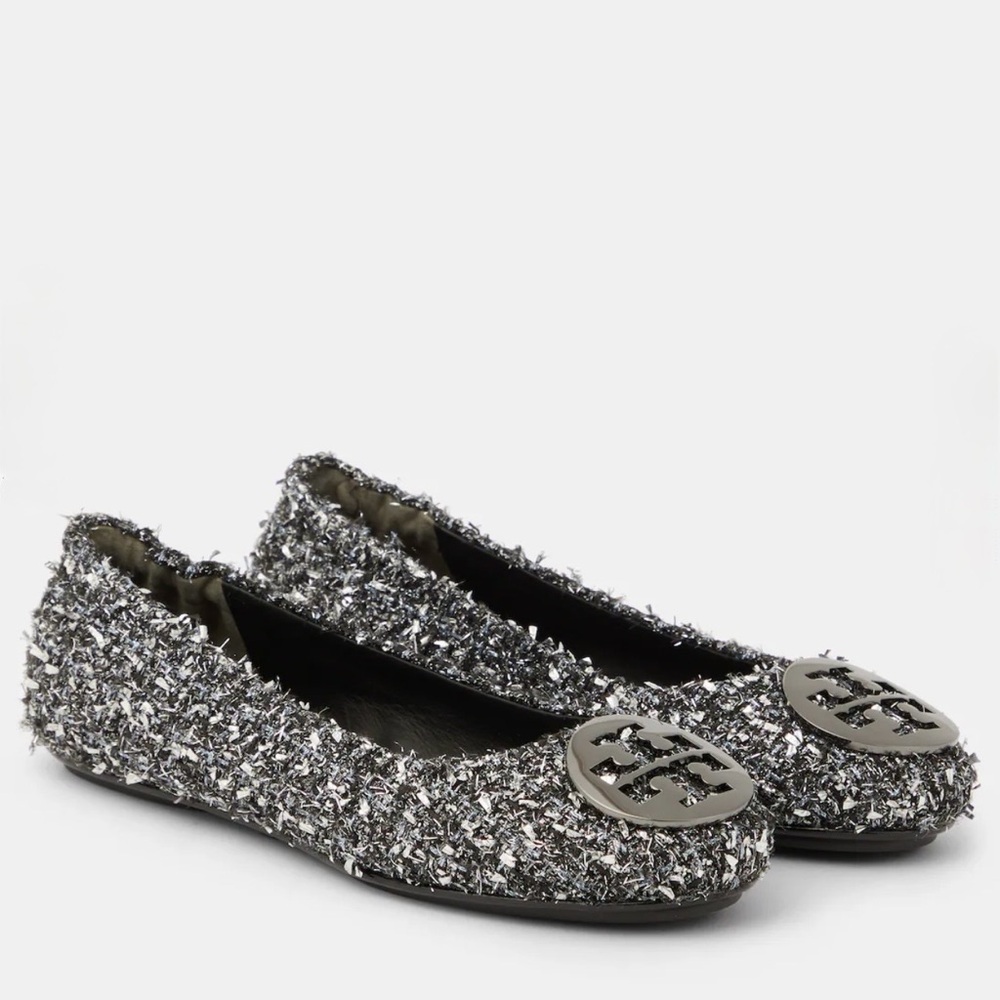 Tory Burch Minnie Silver Confetti Tweed Ballet Flats in Size 6.5, 7.0